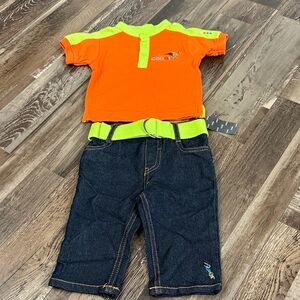COOGI Dark‎ Blue Denim pants  with Neon Lime Waistband